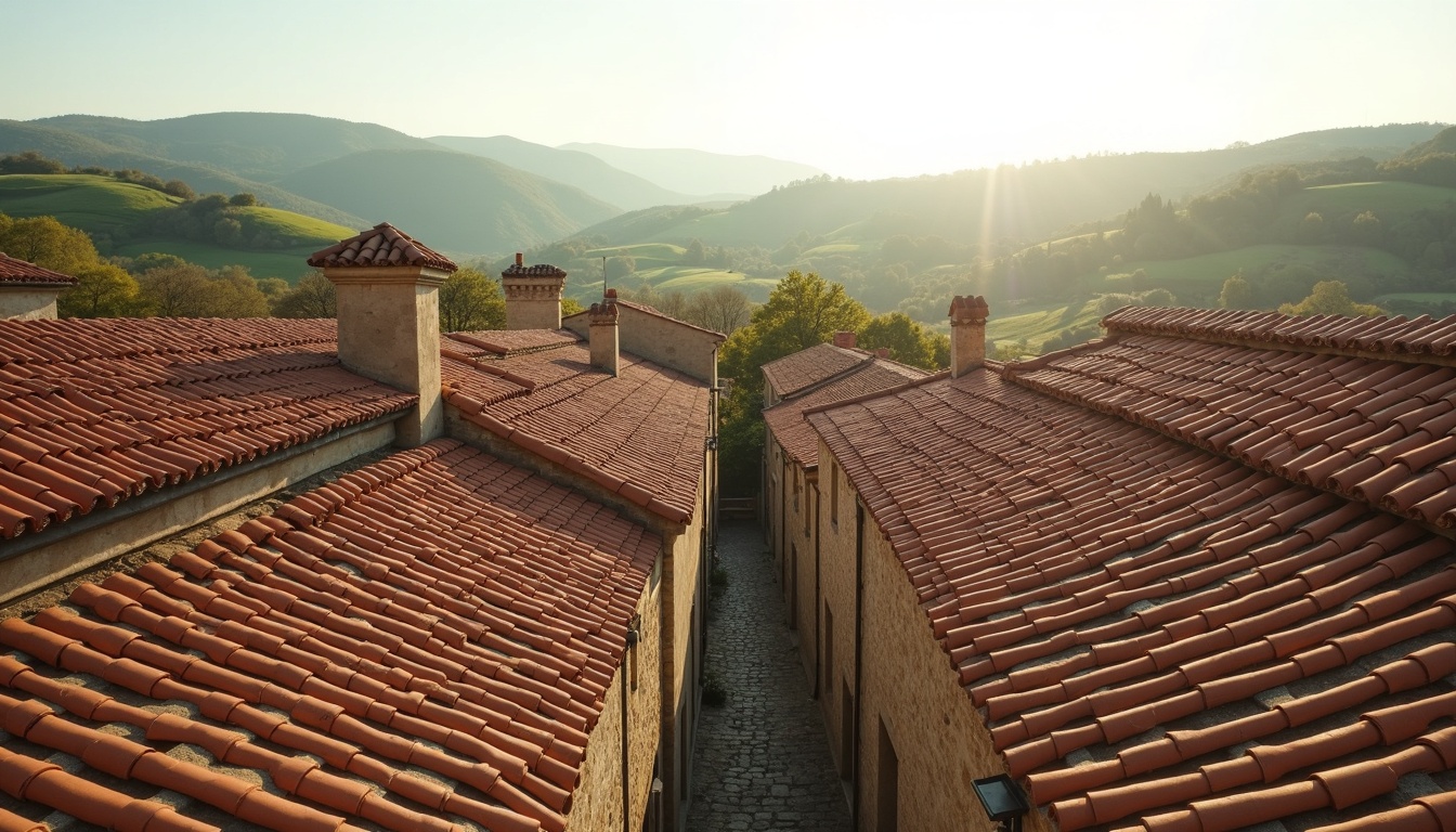 Toits en tuiles d'un village de pierre dans la campagne de l'Aveyron